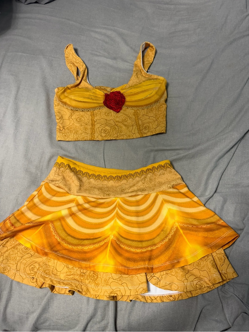 Yellow Floral Lace Bralette & Skirt Set with Red Rose Accent